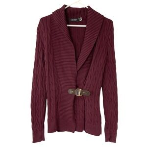 Lauren Ralph Lauren Burgundy Cable Knit Cardigan M Buckle Shawl Collar Long Slv